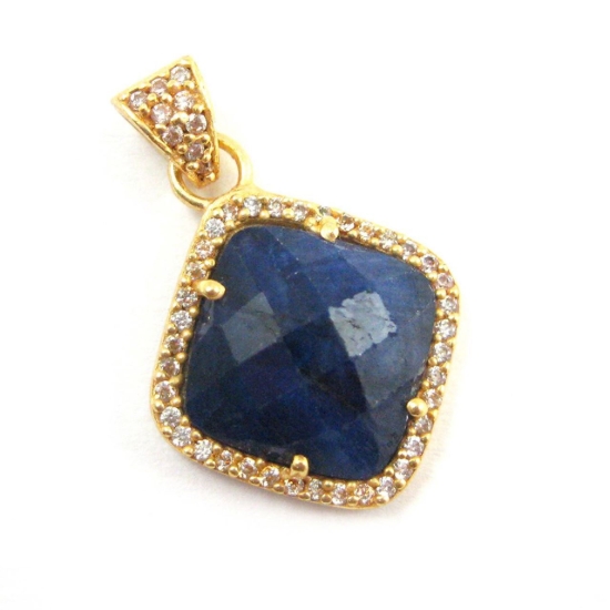 Wholesale Gold plated Sterling Silver Blue Sapphire Dyed Bezel Gemstone Diamond Shape Pave Pendant, Wholesale Gemstone Pendants for Jewelry Making