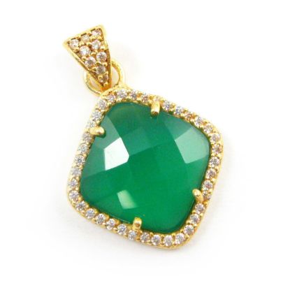 Wholesale Gold plated Sterling Silver Green Onyx Bezel Gemstone Diamond Shape Pave Pendant, Wholesale Gemstone Pendants for Jewelry Making