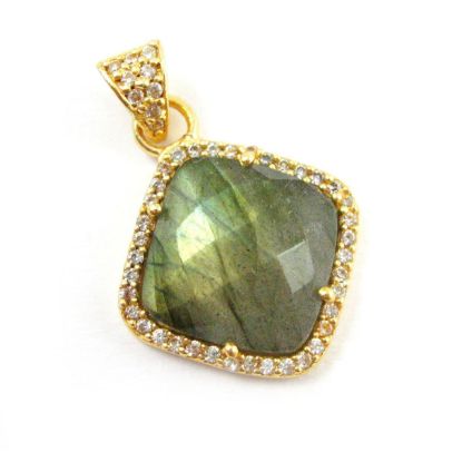 Wholesale Gold plated Sterling Silver Labradorite Bezel Gemstone Diamond Shape Pave Pendant, Wholesale Gemstone Pendants for Jewelry Making