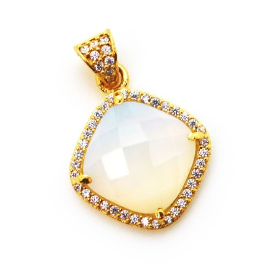 Wholesale Gold plated Sterling Silver Opalite Quartz Bezel Gemstone Diamond Shape Pave Pendant, Wholesale Gemstone Pendants for Jewelry Making