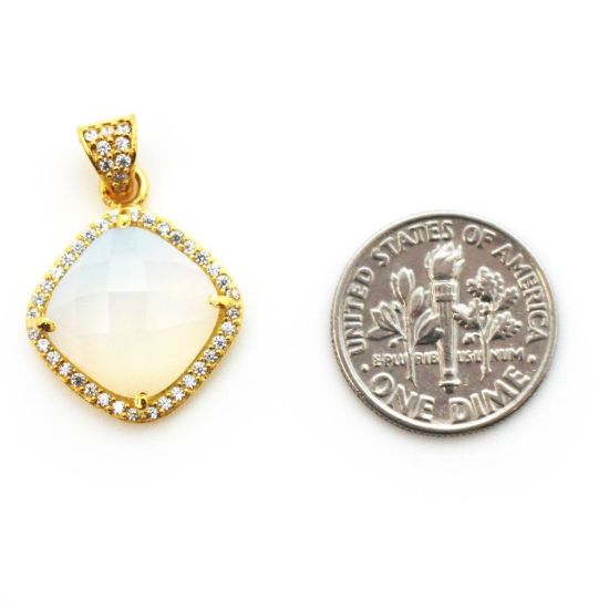 Wholesale Gold plated Sterling Silver Opalite Quartz Bezel Gemstone Diamond Shape Pave Pendant, Wholesale Gemstone Pendants for Jewelry Making
