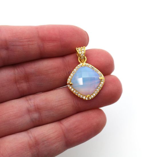 Wholesale Gold plated Sterling Silver Opalite Quartz Bezel Gemstone Diamond Shape Pave Pendant, Wholesale Gemstone Pendants for Jewelry Making