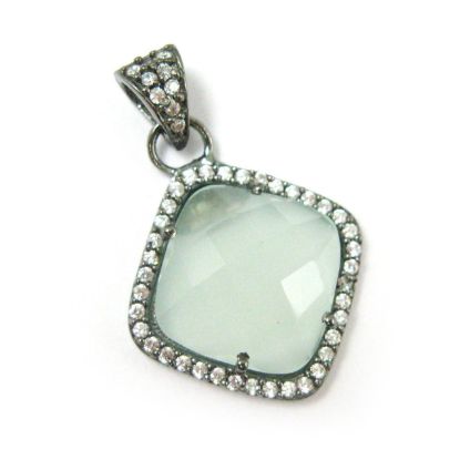 Wholesale Oxidized Sterling Silver Aqua Chalcedony Bezel Gemstone Diamond Shape Pave Pendant, Wholesale Gemstone Pendants for Jewelry Making