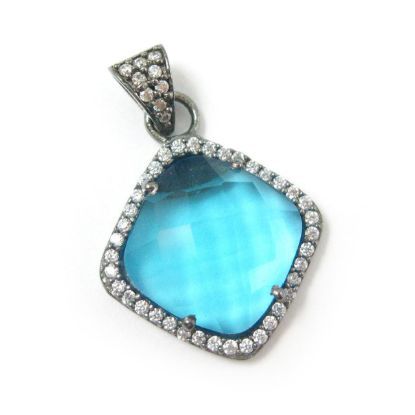 Wholesale Oxidized Sterling Silver Blue Topaz Quartz Bezel Gemstone Diamond Shape Pave Pendant, Wholesale Gemstone Pendants for Jewelry Making