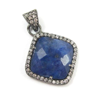 Wholesale Oxidized Sterling Silver Blue Sapphire Dyed Bezel Gemstone Diamond Shape Pave Pendant, Wholesale Gemstone Pendants for Jewelry Making