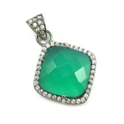 Wholesale Oxidized Sterling Silver Green Onyx Bezel Gemstone Diamond Shape Pave Pendant, Wholesale Gemstone Pendants for Jewelry Making