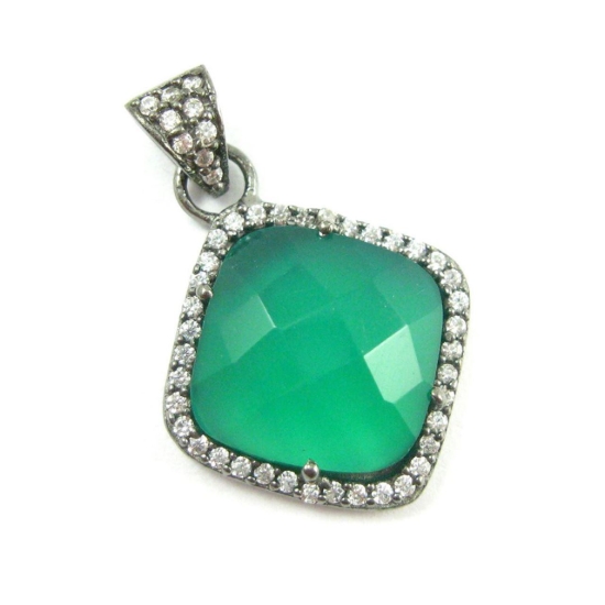 Wholesale Oxidized Sterling Silver Green Onyx Bezel Gemstone Diamond Shape Pave Pendant, Wholesale Gemstone Pendants for Jewelry Making