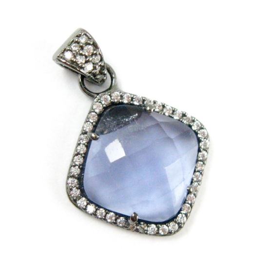 Wholesale Oxidized Sterling Silver Iolite Quartz Bezel Gemstone Diamond Shape Pave Pendant, Wholesale Gemstone Pendants for Jewelry Making