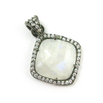 Wholesale Oxidized Sterling Silver Moonstone Bezel Gemstone Diamond Shape Pave Pendant, Wholesale Gemstone Pendants for Jewelry Making