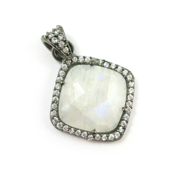 Wholesale Oxidized Sterling Silver Moonstone Bezel Gemstone Diamond Shape Pave Pendant, Wholesale Gemstone Pendants for Jewelry Making