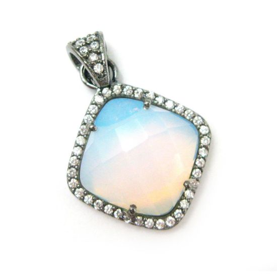 Wholesale Oxidized Sterling Silver Opalite Quartz Bezel Gemstone Diamond Shape Pave Pendant, Wholesale Gemstone Pendants for Jewelry Making