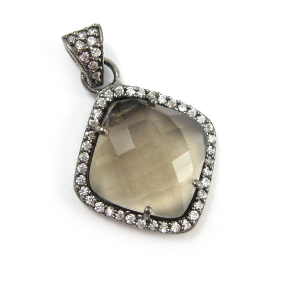Wholesale Oxidized Sterling Silver Smokey Quartz Bezel Gemstone Diamond Shape Pave Pendant, Wholesale Gemstone Pendants for Jewelry Making