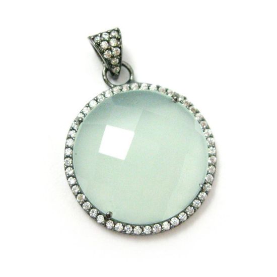Wholesale Oxidized Sterling Silver Aqua Chalcedony Bezel Gemstone Round Pave Pendant, Wholesale Gemstone Pendants for Jewelry Making