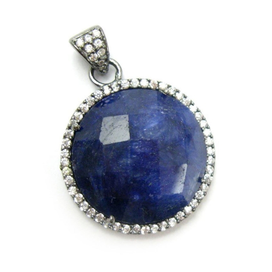Wholesale Oxidized Sterling Silver Blue Sapphire Dyed Bezel Gemstone Round Pave Pendant, Wholesale Gemstone Pendants for Jewelry Making
