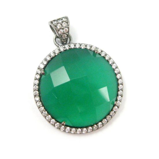 Wholesale Oxidized Sterling Silver Green Onyx Bezel Gemstone Round Pave Pendant, Wholesale Gemstone Pendants for Jewelry Making