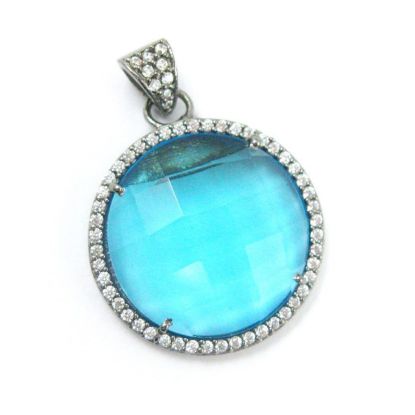 Wholesale Oxidized Sterling Silver Blue Topaz Bezel Gemstone Round Pave Pendant, Wholesale Gemstone Pendants for Jewelry Making