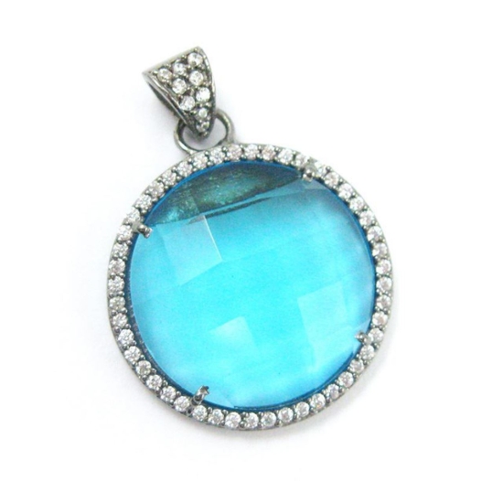 Wholesale Oxidized Sterling Silver Blue Topaz Bezel Gemstone Round Pave Pendant, Wholesale Gemstone Pendants for Jewelry Making