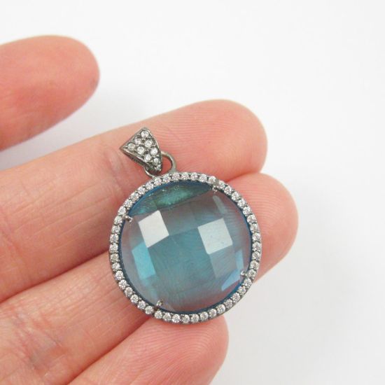 Wholesale Oxidized Sterling Silver Blue Topaz Bezel Gemstone Round Pave Pendant, Wholesale Gemstone Pendants for Jewelry Making