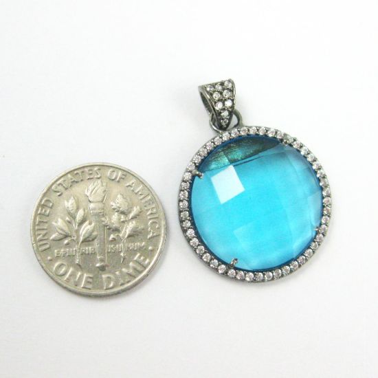 Wholesale Oxidized Sterling Silver Blue Topaz Bezel Gemstone Round Pave Pendant, Wholesale Gemstone Pendants for Jewelry Making
