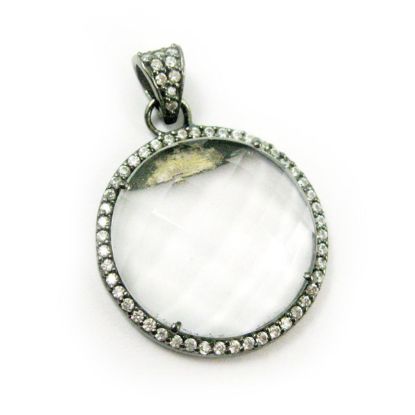 Wholesale Oxidized Sterling Silver Crystal Quartz Bezel Gemstone Round Pave Pendant, Wholesale Gemstone Pendants for Jewelry Making