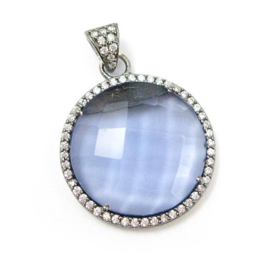 Wholesale Oxidized Sterling Silver Iolite Quartz Bezel Gemstone Round Pave Pendant, Wholesale Gemstone Pendants for Jewelry Making