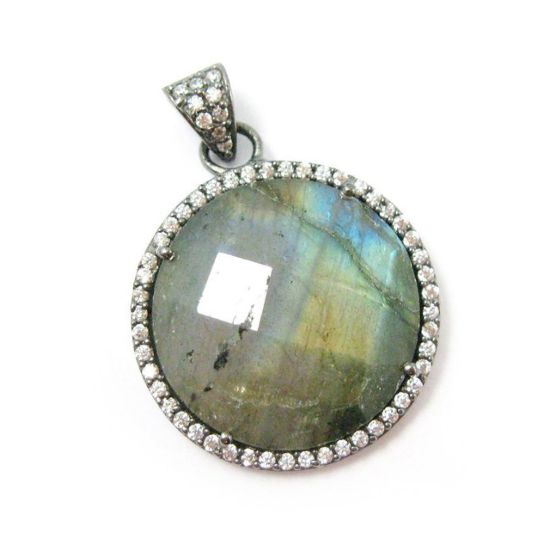 Wholesale Oxidized Sterling Silver Labradorite Bezel Gemstone Round Pave Pendant, Wholesale Gemstone Pendants for Jewelry Making