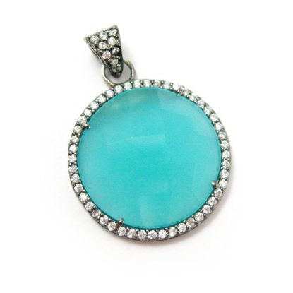 Wholesale Oxidized Sterling Silver Peru Chalcedony Bezel Gemstone Round Pave Pendant, Wholesale Gemstone Pendants for Jewelry Making