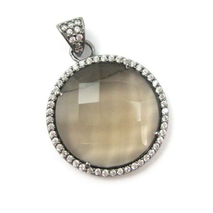 Wholesale Oxidized Sterling Silver Smokey Quartz Bezel Gemstone Round Pave Pendant, Wholesale Gemstone Pendants for Jewelry Making