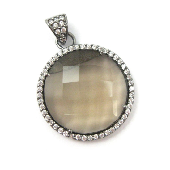 Wholesale Oxidized Sterling Silver Smokey Quartz Bezel Gemstone Round Pave Pendant, Wholesale Gemstone Pendants for Jewelry Making