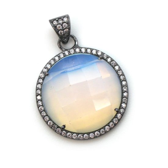 Wholesale Oxidized Sterling Silver Opalite Quartz Bezel Gemstone Round Pave Pendant, Wholesale Gemstone Pendants for Jewelry Making