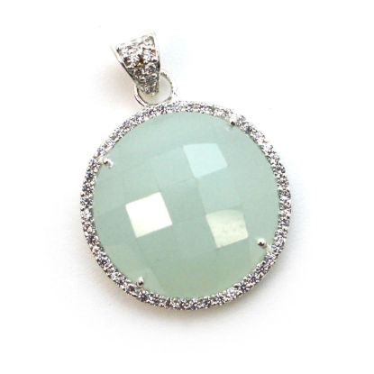 Wholesale Sterling Silver Aqua Chalcedony Bezel Gemstone Round Pave Pendant, Wholesale Gemstone Pendants for Jewelry Making