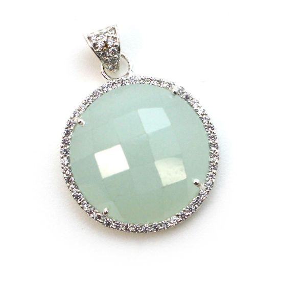 Wholesale Sterling Silver Aqua Chalcedony Bezel Gemstone Round Pave Pendant, Wholesale Gemstone Pendants for Jewelry Making