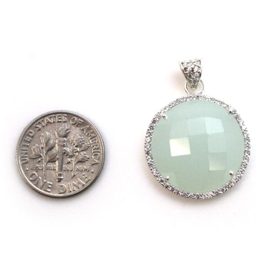 Wholesale Sterling Silver Aqua Chalcedony Bezel Gemstone Round Pave Pendant, Wholesale Gemstone Pendants for Jewelry Making