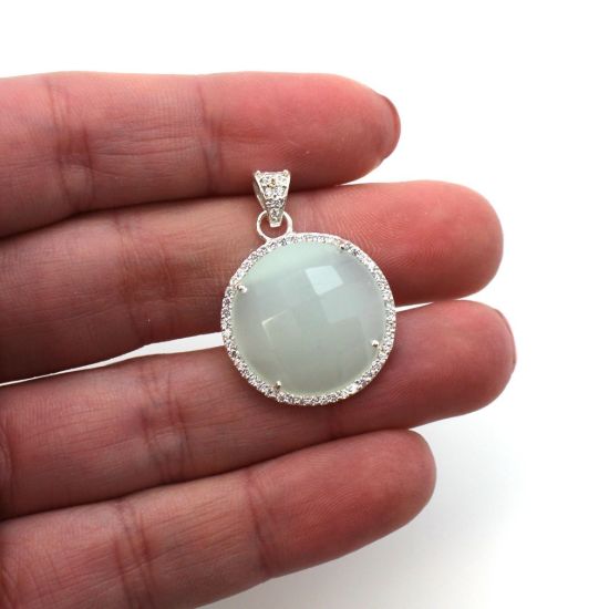 Wholesale Sterling Silver Aqua Chalcedony Bezel Gemstone Round Pave Pendant, Wholesale Gemstone Pendants for Jewelry Making
