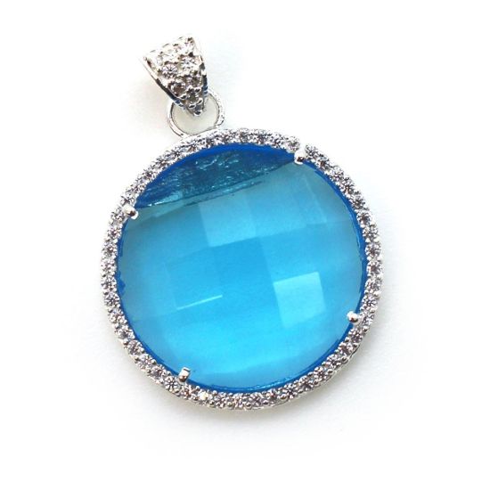 Wholesale Sterling Silver Blue Topaz Quartz Bezel Gemstone Round Pave Pendant, Wholesale Gemstone Pendants for Jewelry Making