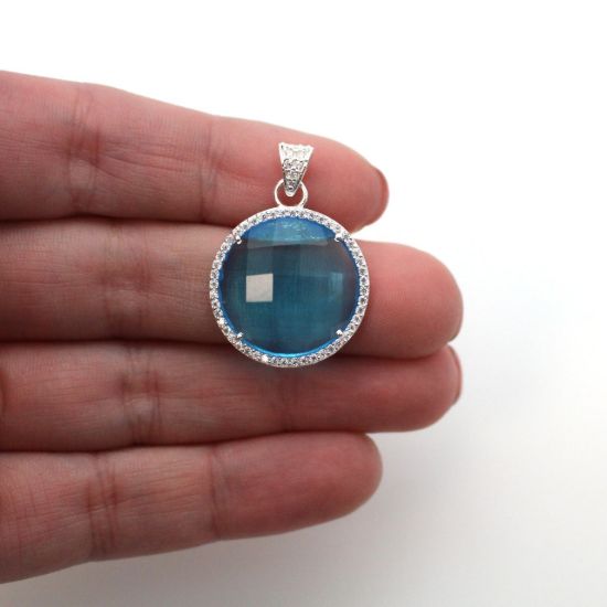 Wholesale Sterling Silver Blue Topaz Quartz Bezel Gemstone Round Pave Pendant, Wholesale Gemstone Pendants for Jewelry Making