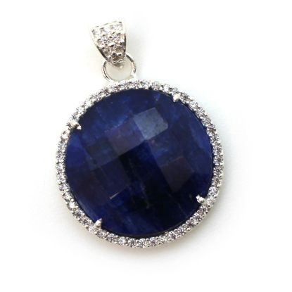 Wholesale Sterling Silver Dyed Blue Sapphire Bezel Gemstone Round Pave Pendant, Wholesale Gemstone Pendants for Jewelry Making