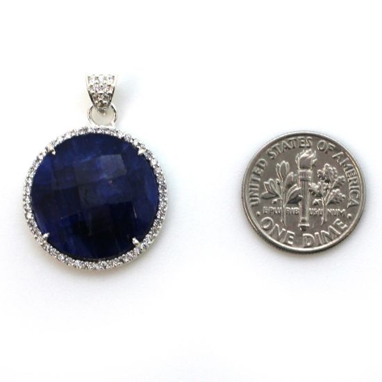 Wholesale Sterling Silver Dyed Blue Sapphire Bezel Gemstone Round Pave Pendant, Wholesale Gemstone Pendants for Jewelry Making