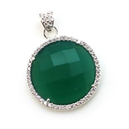 Wholesale Sterling Silver Green Onyx Bezel Gemstone Round Pave Pendant, Wholesale Gemstone Pendants for Jewelry Making