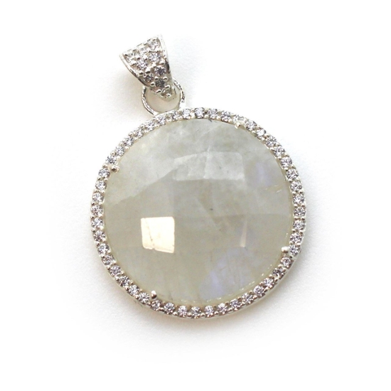Wholesale Sterling Silver Moonstone Bezel Gemstone Round Pave Pendant, Wholesale Gemstone Pendants for Jewelry Making