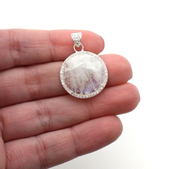 Wholesale Sterling Silver Moonstone Bezel Gemstone Round Pave Pendant, Wholesale Gemstone Pendants for Jewelry Making
