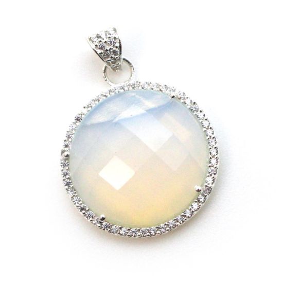 Wholesale Sterling Silver Opalite Quartz Bezel Gemstone Round Pave Pendant, Wholesale Gemstone Pendants for Jewelry Making