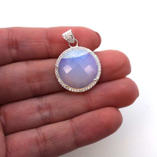 Wholesale Sterling Silver Opalite Quartz Bezel Gemstone Round Pave Pendant, Wholesale Gemstone Pendants for Jewelry Making