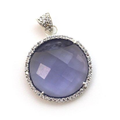 Wholesale Sterling Silver Iolite Quartz Bezel Gemstone Round Pave Pendant, Wholesale Gemstone Pendants for Jewelry Making