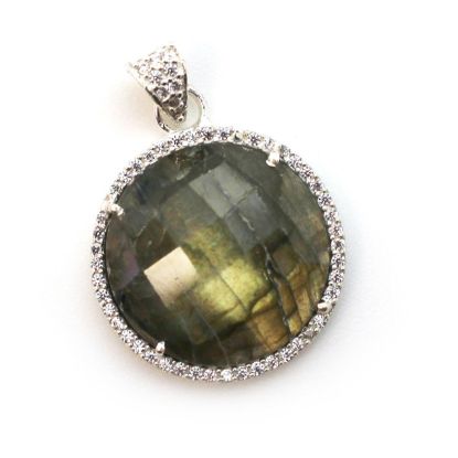 Wholesale Sterling Silver Labradorite Bezel Gemstone Round Pave Pendant, Wholesale Gemstone Pendants for Jewelry Making