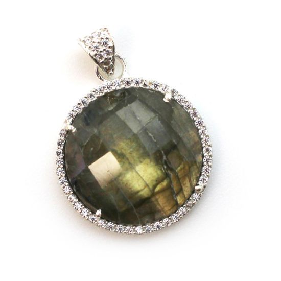 Wholesale Sterling Silver Labradorite Bezel Gemstone Round Pave Pendant, Wholesale Gemstone Pendants for Jewelry Making