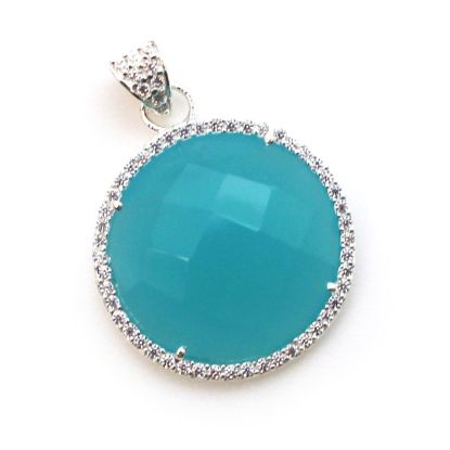 Wholesale Sterling Silver Peru Chalcedony Bezel Gemstone Round Pave Pendant, Wholesale Gemstone Pendants for Jewelry Making
