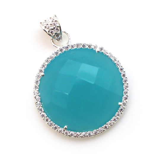 Wholesale Sterling Silver Peru Chalcedony Bezel Gemstone Round Pave Pendant, Wholesale Gemstone Pendants for Jewelry Making