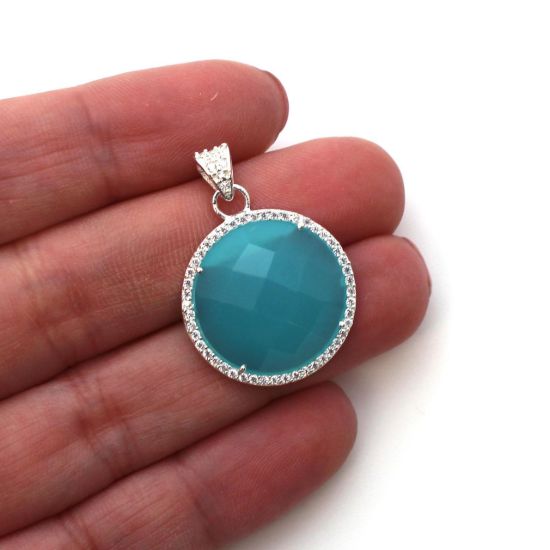 Wholesale Sterling Silver Peru Chalcedony Bezel Gemstone Round Pave Pendant, Wholesale Gemstone Pendants for Jewelry Making