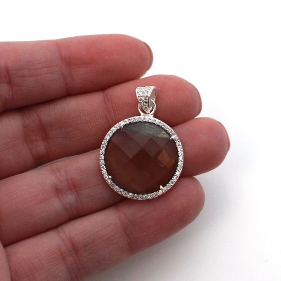 Wholesale Sterling Silver Smokey Quartz Bezel Gemstone Round Pave Pendant, Wholesale Gemstone Pendants for Jewelry Making